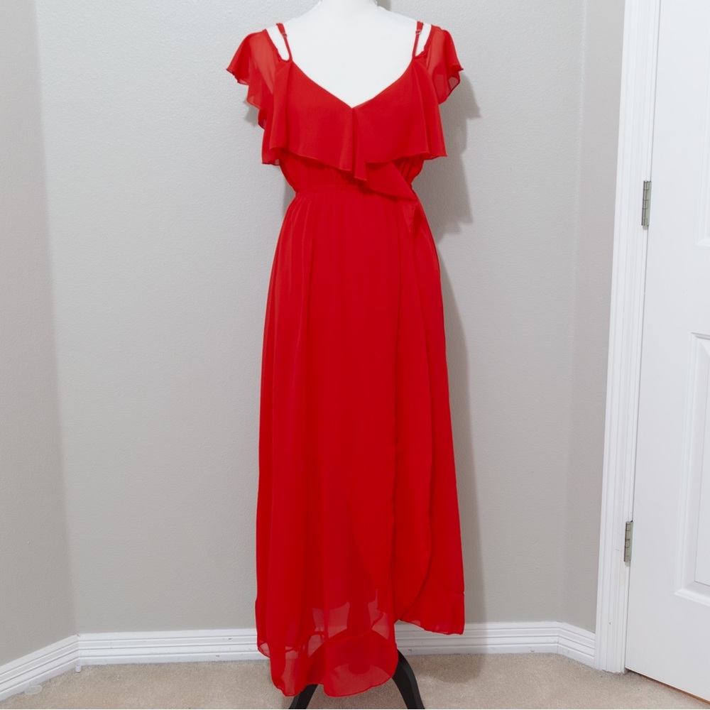 JeyKay Women's Red Flowy Ruffled Sleeve Maxi Dress Size Small